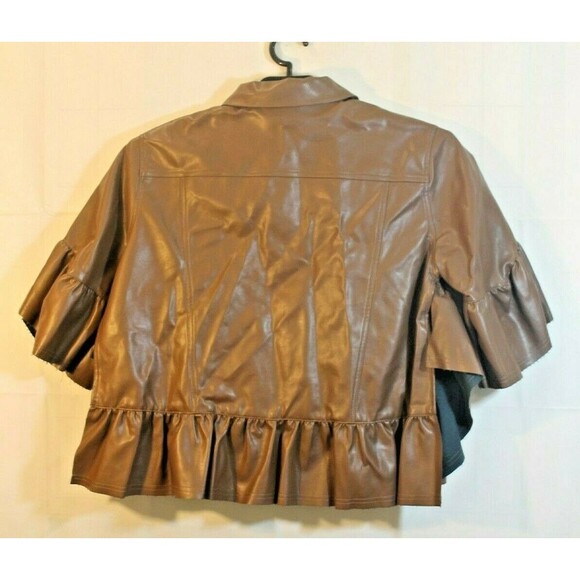 TOV Los Angeles Jacket NWT Brown Faux Leather Cropped Raw Cut Ruffled Size 12 - Picture 4 of 7